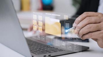 Document management concept. Virtual screen icons Document Management System DMS Online document database, software for efficient archiving, searching and management of company files and data. photo