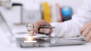 Fingerprint scanning and biometric authentication, processing of biometric for access personal data. surveillance and security scanning of digital programs cyber futuristic applications photo