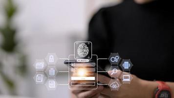 Fingerprint scanning and biometric authentication, processing of biometric for access personal data. surveillance and security scanning of digital programs cyber futuristic applications photo