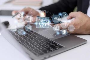 Fingerprint scanning and biometric authentication. system for document management DMS. software that automates the archiving and management of data files. concept of Internet technology. photo