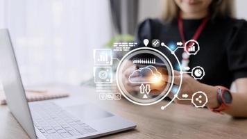 Hand holding virtual cloud computing with world and technology item such as upload download. Cloud technology management big data include business strategy , customer. photo