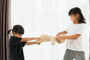 two little girl fighting over bear photo