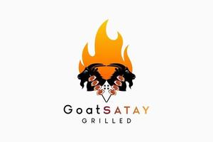 Goat satay or animal satay design, silhouette of goat's head combined with satay icon in fire in retro color vector