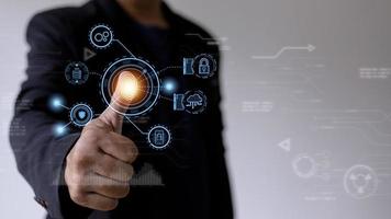 Technology fingerprint scan provides security. digital transformation change management,new technology big data and business process strategy, automate operation, customer service management. photo