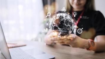 People use mobile smartphones. Business global internet connection application technology and digital marketing, Financial and banking, Digital link tech, big data. photo