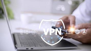 VPN secure connection concept. Person using Virtual Private Network technology to create encrypted tunnel to remote server on internet to protect data privacy or bypass censorship photo