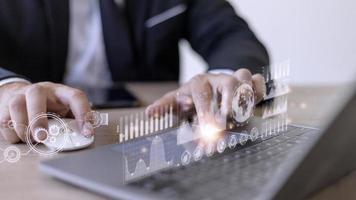 Business process and strategy on virtual screen. Data analysis. Workflow. photo