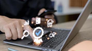 Quality management with Quality Assurance or QA and Quality Control or QC and improvement. Standardization and certification concept. Compliance to regulations and standards. photo
