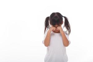 Portrait of little girl crying.on white background. photo