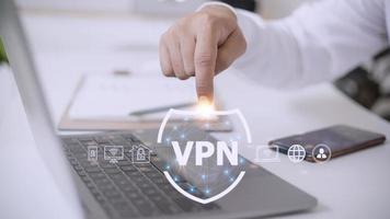 VPN secure connection concept. Person using Virtual Private Network technology to create encrypted tunnel to remote server on internet to protect data privacy or bypass censorship photo