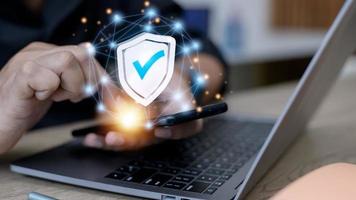 Cyber security. Data protection concept. Banking security. and network connection on mobile smartphones, and virtual interface screens. photo