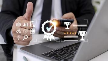 Quality Assurance concept, operating with the quality assurance, guarantee, standards, ISO certification, and standardization notion as proof of top service photo