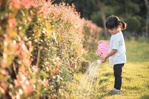 niña asiática vertiendo agua en los árboles. niño ayuda a cuidar las plantas con una regadera en el jardín. foto