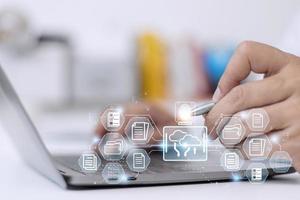 Fingerprint scanning and biometric authentication. system for document management DMS. software that automates the archiving and management of data files. concept of Internet technology. photo