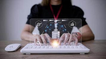 Big data and analytics visualization technology with scientist analyzing information structure on screen with machine learning to extract predictions for business, finance, internet of things photo