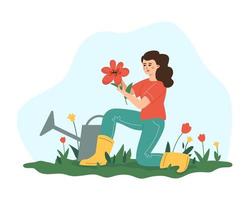 una niña cultivando flores. un símbolo de unidad con la naturaleza, crecimiento, cuidado, estado de flujo y felicidad. vector