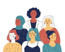 equipo multiétnico de mujeres líderes, el concepto de igualdad en los negocios. una ilustración para un sitio web o una aplicación. vector