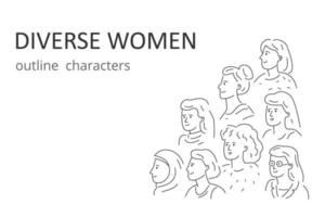 Various women, outline drawing characters for a website, an application. Vector illustration in a simple trending style.