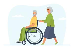 An elderly woman rolls her disabled husband in a wheelchair. A walk and a pastime of a mature married couple. vector