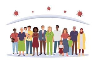 A crowd of diverse people under a dome that protects against the virus, a symbol of herd immunity. vector