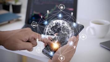 virtual Global Internet connection metaverse. Business global internet connection application technology and digital marketing, Financial and banking, Digital link tech, big data. photo