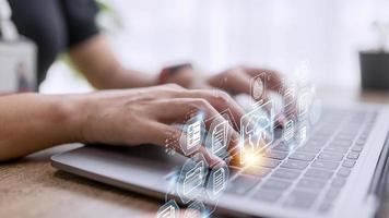 Fingerprint scanning and biometric authentication. system for document management DMS. software that automates the archiving and management of data files. concept of Internet technology. photo