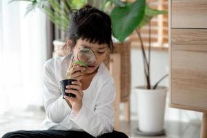 Concentrated little girl with magnifying glass examining green plant photo