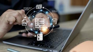 Document Management System, online documentation database and process automation to efficiently manage files, future technology. photo