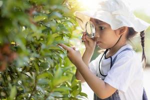 Asian little girl is looking at tree leaves through magnifier, outdoor shoot photo