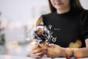 People use mobile smartphones. Business global internet connection application technology and digital marketing, Financial and banking, Digital link tech, big data. photo