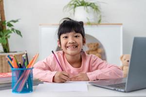 Asian girl using Laptop computer for online study homeschooling during home quarantine. homeschooling, online study, home quarantine, online learning, corona virus or education technology concept photo