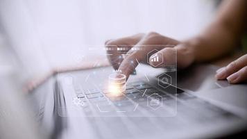 Big data and analytics visualization technology with scientist analyzing information structure on screen with machine learning to extract predictions for business, finance, internet of things photo