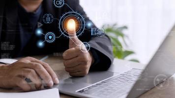 Technology fingerprint scan provides security. digital transformation change management,new technology big data and business process strategy, automate operation, customer service management. photo
