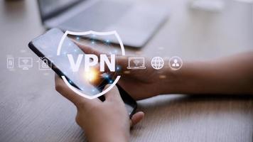 VPN secure connection concept. Person using Virtual Private Network technology to create encrypted tunnel to remote server on internet to protect data privacy or bypass censorship photo