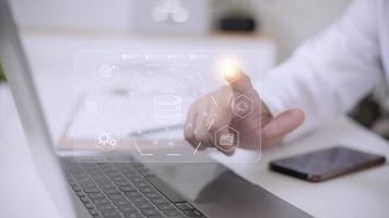 Big data and analytics visualization technology with scientist analyzing information structure on screen with machine learning to extract predictions for business, finance, internet of things photo