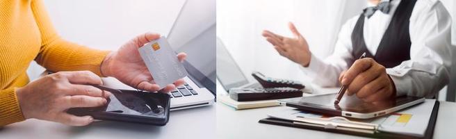 mano de mujer usando teléfono móvil inteligente, pago en línea, banca y compras en línea en el hogar. foto