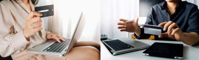 Woman hand using mobile smart phone, online payment, banking and online shopping at the home. photo