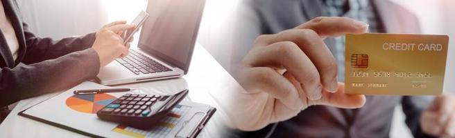 Woman hand using mobile smart phone, online payment, banking and online shopping at the home. photo