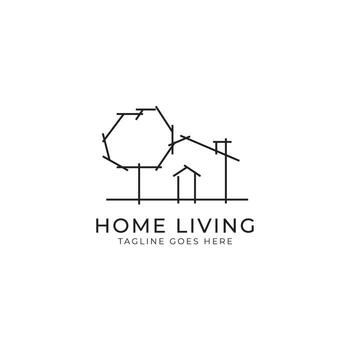 abstract minimalist simple line house and tree logo for home architecture and property agent vector