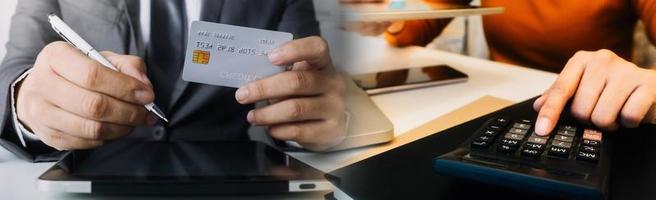 Woman hand using mobile smart phone, online payment, banking and online shopping at the home. photo