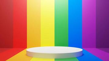 Rainbow backdrop of a symbol of the LGBTQ Pride with White podium at center for placing objects, 3D rendering image. photo