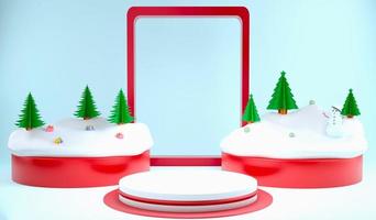 Representación 3d de adornos navideños y podio sobre fondo amarillo, concepto de navidad y año nuevo para espacio de copia foto