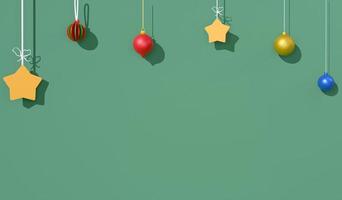 3D rendering Christmas ornaments on green wall background, Christmas and New year concept for copy space photo