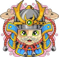 cartoon cute samurai cat, funny illustration, design vector