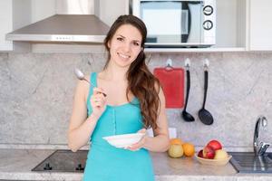 Healthy food diet and people concept, portrait young woman with plate in her photo