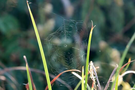 On the branches and leaves of trees spider webs of thin threads. photo