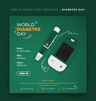 plantilla de redes sociales para el día mundial de la diabetes con diseño de herramienta de medidor de glucosa en fondo verde vector