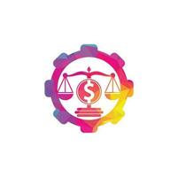 diseño de logotipo de vector de forma de engranaje de bufete de abogados de dinero. concepto de finanzas escala de logotipo e icono de símbolo de dólar.