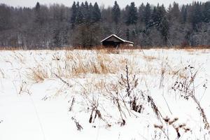 casa solitaria en el bosque en invierno foto