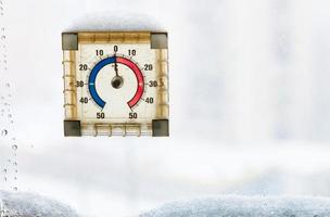 termómetro de ventana de casa en el día de invierno descongelado foto
